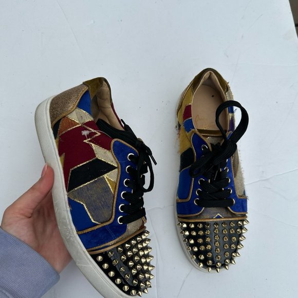 Christian Louboutin Viera Spikes Orlato Flat Lace Up Sneakers Sz 37 Multicolor - Picture 1 of 12